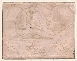 Studies of a Seated Female, Child's Head, and Three Studies of a Baby by Raphael (Italian, 1483–1520)