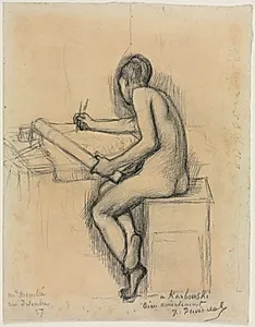 Study of a Seated Nude Female Model Drawing by Pierre Puvis de Chavannes (French, 1824–1898)