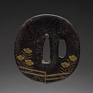 Sword Guard (Tsuba) Flowers by Fence by Unknown Artist