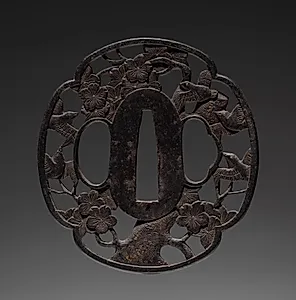Sword Guard (Tsuba) with Birds in Cherry by Unknown Artist