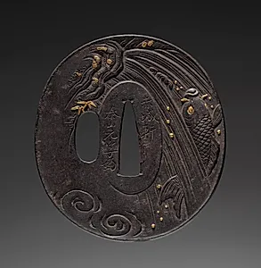 Sword Guard (Tsuba) with Carp in Waterfall and Bridge by Sekijoken Taizan Motozane (Japanese, 1740–1829)