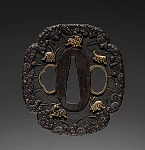 Sword Guard (Tsuba) with Crickets and Chrysanthemums in Dew by Unknown Artist