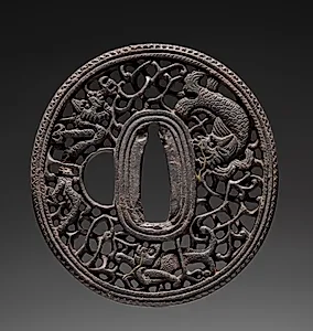 Sword Guard (Tsuba) with Dragon, Lion, and Sea Monster by Unknown Artist