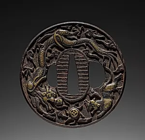 Sword Guard (Tsuba) with Dragons, Tiger, Fish, and Palace by Unknown Artist