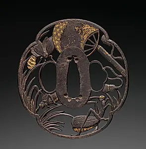 Sword Guard (Tsuba) with Insects and Fan by Unknown Artist
