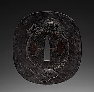 Sword Guard (Tsuba) with Peony and Lion with Ball by Unknown Artist