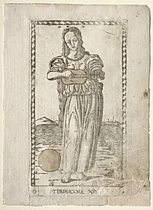 Terpsichore  (dancing and song) (from the Tarocchi series D:  Apollo and the Muses, #13) by Master of the E-Series Tarocchi (Italian, 15th century)