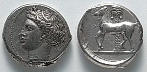 Tetradrachm: Head of Tanit-Persephone (obverse); Horse (reverse) by Unknown Artist