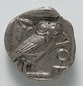 Tetradrachm: Owl, standing, r., crescent moon and olive branch above (reverse) by Unknown Artist