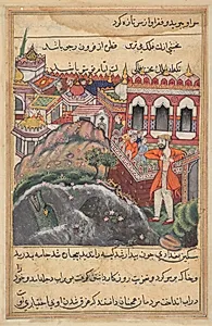 The bag of gold which he received for the slave girl being stolen in a mosque, the young man of Baghdad tears his cloths and is about to fling himself into the Tigris, from a Tuti-nama (Tales of a Parrot): Forty-eighth Night by Unknown Artist
