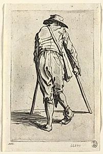 The Beggars: Beggar on Crutches, Wearing a Hat by Jacques Callot (French, 1592–1635)