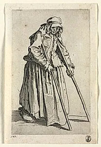 The Beggars: Beggar Woman on Crutches  by Jacques Callot (French, 1592–1635)