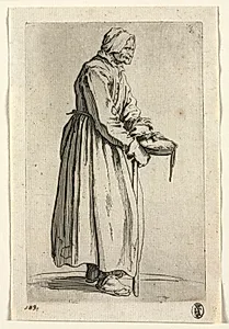 The Beggars: Beggar Woman with Her Alms Bowl  by Jacques Callot (French, 1592–1635)