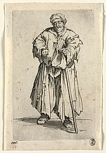 The Beggars: Obese Beggar with Lowered Eyes by Jacques Callot (French, 1592–1635)