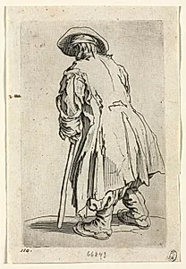 The Beggars: Old Beggar on One Single Crutch by Jacques Callot (French, 1592–1635)