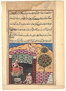 The Brahman gambler sees the daughter of the king of the jinns in a pit together with an old man and a cauldron of boiling oil, from a Tuti-nama (Tales of a Parrot: Seventh Night) by Unknown Artist