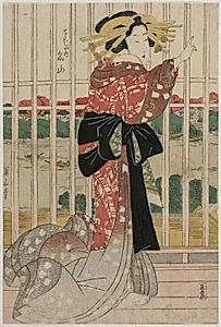 The Courtesan Meizan of the Chojiya on a Balcony Overlooking the Sumida River by Kikukawa Eizan (Japanese, 1787–1867)