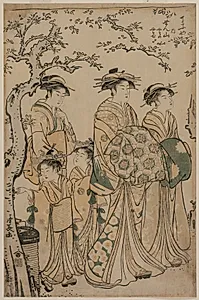 The Courtesan Senzan of Chojiya Strolling with her Kamuro Yasono and Yasoji and Two Shinzo