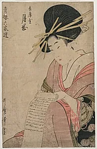 The Courtesan Tsukioka of Hyogoya Rolling a Letter (from the series A Selection of Six Authors in the Green Houses) by Kitagawa Utamaro (Japanese, c. 1754–1806)
