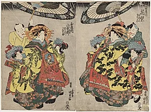 The Courtesans Hanamurasaki and Koshikibu of the Tamaya Promenading in the Rain