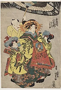 The Courtesans Hanamurasaki and Koshikibu of the Tamaya Promenading in the Rain by Utagawa Kunisada (Japanese, 1786–1865)