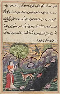 The daughter-in-law of the king of Banaras sees the jackal deprived of its food by a bird, as it unsuccessfully attempts to catch a fish, from a Tuti-nama (Tales of a Parrot): Sixteenth Night by Unknown Artist