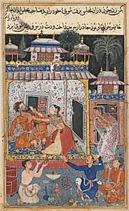 The deceitful wife assaults her erring husband, from a Tuti-nama (Tales of a Parrot): Eighth Night by Tara 1 (Indian, active 1550s-1590s)