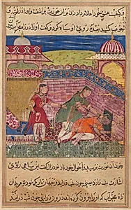 The deceitful wife ejects the procuress after blackening her face, from a Tuti-nama (Tales of a Parrot): Eighth Night by Shravana (Indian, active 1550s–c.1600)