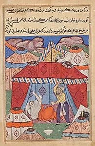 The disguised Arab, substituting for Habbaza, is whipped by her husband for refusing a bowl of milk, from a Tuti-nama (Tales of a Parrot): Twenty-fourth Night by Unknown Artist