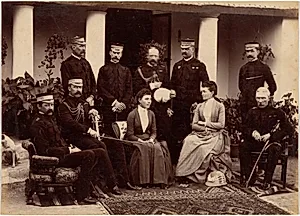 The Duke and Duchess of Connaught, with Col. Adam, Captain H.V. Benett, Col. Becher, Gen. Knowles, Captain Herbert, Col. Cavaye, Mrs. Cavaye, and Gen. R. Gellispie, Mhow by Raja Deen Dayal (Indian, 1844–1905)