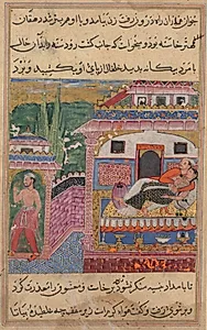 The farmer, father of the son with the deceitful wife, steals away with her anklet while she is in bed with her lover, from a Tuti-nama (Tales of a Parrot): Eighth Night by Unknown Artist