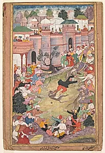 The game of wolf-running in Tabriz, from an Akbar-nama (Book of Akbar) by Banavari 1 (Indian, active 1550s-1590s)