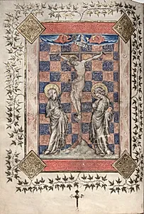 The Gotha Missal:  Fol. 63v, Crucifixion by Master of the Boqueteaux (French)