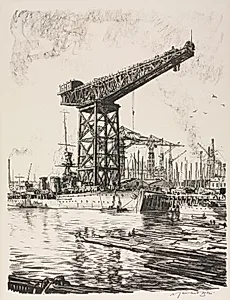 The Great War:  Britain's Efforts and Ideals; Building Ships:  A Fitting Out Basin by Muirhead Bone (British, 1876–1953)