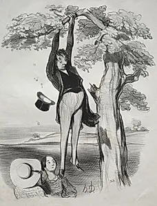 The hazards of shaking a plum tree too vigorously, when one too is mature. by Honoré Daumier (French, 1808–1879)