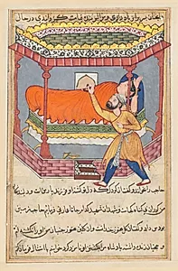 The king places the talisman on his sleeping wife, from a Tuti-nama (Tales of a Parrot): Fiftieth Night by Unknown Artist