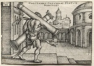 The Labors of Hercules:  Hercules Carrying the Columns of Gades by Hans Sebald Beham (German, 1500–1550)