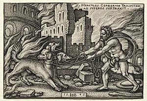 The Labors of Hercules: Hercules Dragging Cerberus from the Underworld by Hans Sebald Beham (German, 1500–1550)