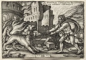 The Labors of Hercules: Hercules Dragging Cerberus from the Underworld by Hans Sebald Beham (German, 1500–1550)
