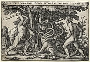 The Labors of Hercules: Hercules Killing the Lernean Hydra by Hans Sebald Beham (German, 1500–1550)