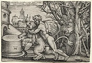 The Labors of Hercules: Hercules Strangling the Nemean Lion by Hans Sebald Beham (German, 1500–1550)