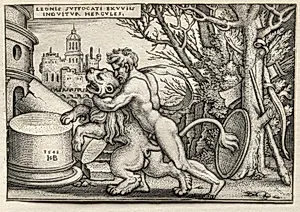 The Labors of Hercules:  Hercules Strangling the Nemean Lion by Hans Sebald Beham (German, 1500–1550)