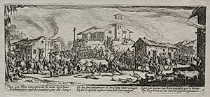 The Large Miseries of War:  Pillaging and Burning of a Village by Jacques Callot (French, 1592–1635)