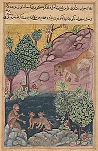 The lion returns to his territory and sees the monkey conversing with the lynx, from a Tuti-nama (Tales of a Parrot): Twenty-ninth Night by Unknown Artist