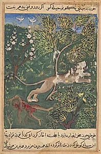 The lion, suspecting treachery on the part of the monkey, slays him and flees, from a Tuti-nama (Tales of a Parrot): Twenty-ninth Night by Unknown Artist