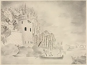 The Lonely Tower (Castle on a River with Willows and a Boat)