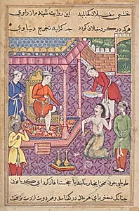The magician disguised as a Brahman returns to claim his “daughter-in-law,” from a Tuti-nama (Tales of a Parrot): Thirty-fifth Night by Unknown Artist