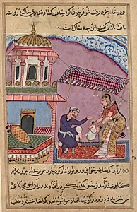The merchant’s clerk replaces the sugar purchased by the philandering wife with gravel, from a Tuti-nama (Tales of a Parrot): Eighth Night by Unknown Artist