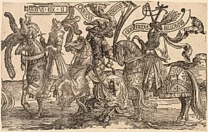 The Nine Heroes:  Arthur, Charles the Great (Charlemagne), Godfrey of Bouillon by Lucas van Leyden (Dutch, 1494–1533)