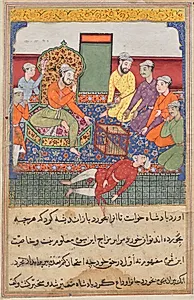The old man eats of the fruit of the Tree of Life, but drops dead, from a Tuti-nama (Tales of a Parrot): Ninth Night by Lalu (Indian, active mid-1500s)